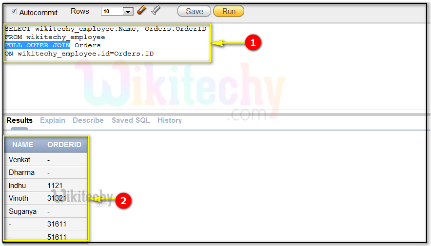  oracle full outer join query and output